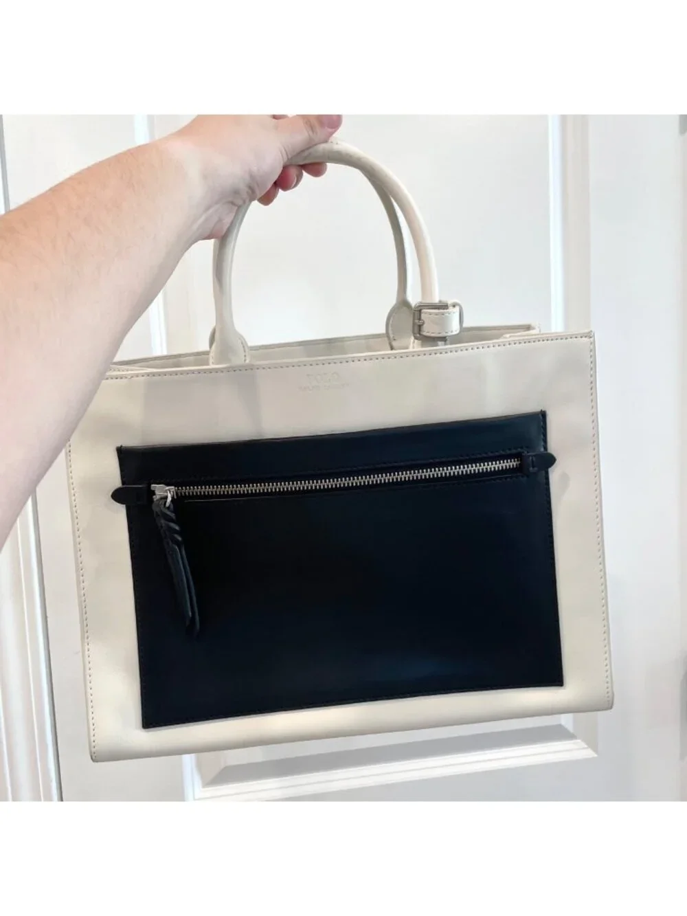 Polo Ralph Lauren X4104 White Black Leather Tote Bag Shoulder Bag Colorblock